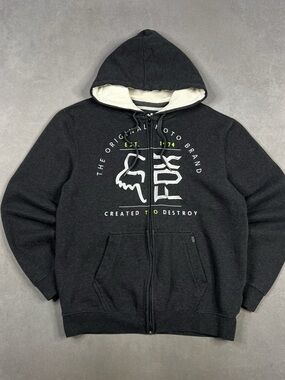 Fox Graphic Zip Hoodie in Gray & White Size Medium